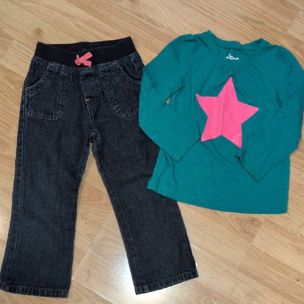 Circo Green and Pink Star Shirt With Denim Pants.